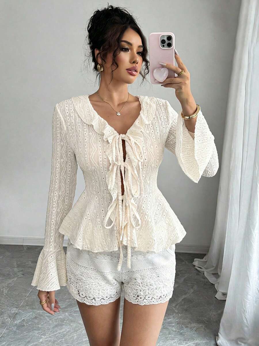 Rafferiza Elegant,Autumn Cream White V-Neck Lace Ruffle Trim Waist Cardigan Women Deep V Tie Front Slim Fit Bell Sleeve Hollow Out Blouse Top Boho Date - Apricot - View 1