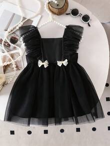 SHEIN 女婴夏季韩版修身可爱粉色编织拼接彩色网纱荷叶边蝴蝶结装饰连衣裙 - 黑色 - 查看 6