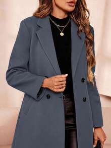 SHEIN Clasi 女士秋冬双排扣羊毛大衣 - 霧霾藍 - 查看 7