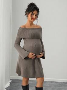 SHEIN Pregnant Women's Fashionable & Elegant Off-Shoulder Short Knit Sweater Dress - Coffee - View 1