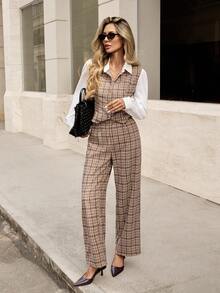 Pariaura 2pcs/Set Women's French Plaid Patchwork Outfit - Coffee Brown - View 3