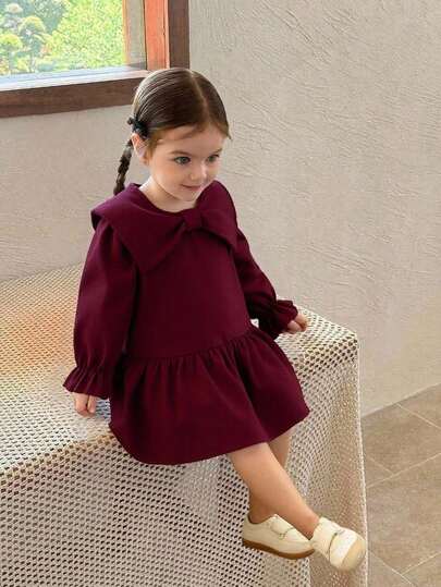 SHEIN Baby Girls' Vintage French Style Corduroy Collar Tie Long Sleeve Dress, Autumn/Winter