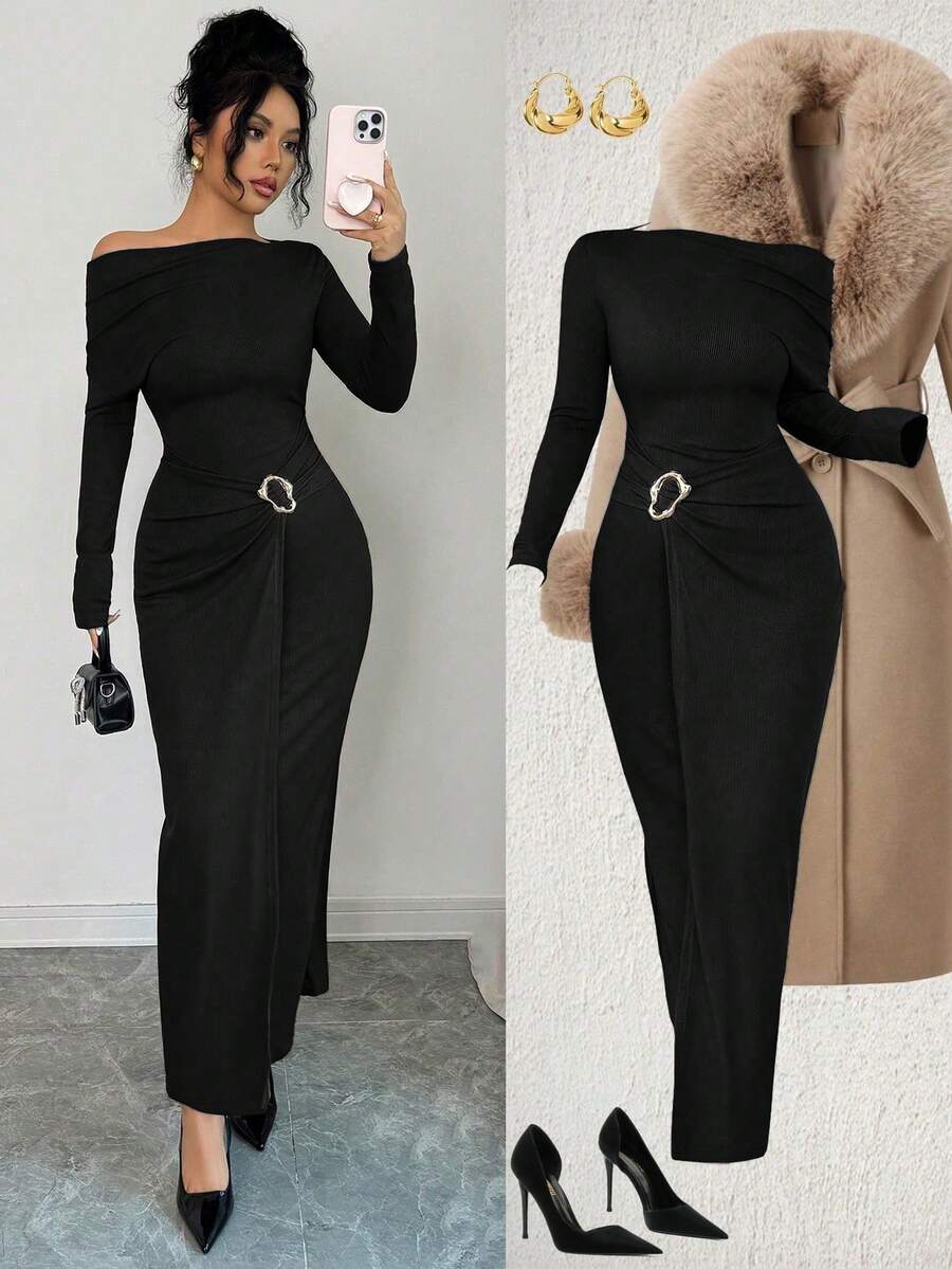 SHEIN Elenzya 女士优雅斜领长袖修身连衣裙，腰部收紧设计，饰有金属纽扣 - 黑色 - 查看 1