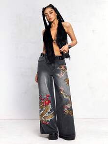 ROMWE Quần jean ống đứng dáng dài Y2K cỡ lớn, thêu họa tiết Trung Hoa mới của J-FASHION - màu đen - Xem 2