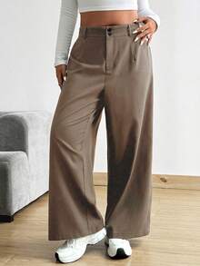 Vionelle Plus Size Loose Wide Leg Pants With Pockets, Solid Color - Khaki - View 4