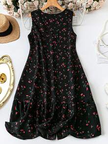 SHEIN Tall Women's Plus Size Spring/Summer Sleeveless Dress With A Ruffled Hem, Simple V-Neck, Textured Fabric, Floral Print, Casual Style. Buttons Are Located At The Front. - Multicolor - View 2