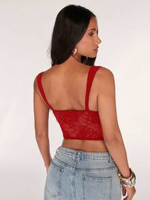 SHEIN BAE Women's Sexy Lace Sheer Tie-Up Spaghetti Strap Camisole Top, Suitable For Date Night, Girls' Night Out, Birthday Party, Cocktail Party, Nightclub, Holiday Party - Red - View 2