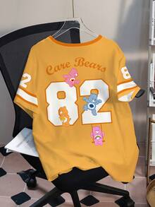 SHEIN X Care Bears Áo thun cổ tròn tay ngắn in hình gấu và số cỡ lớn mùa hè - trắng - Xem 2