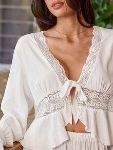 Lullawish 情人节波西米亚风蕾丝边系带灯笼袖阔腿睡衣套装（女款） - 白色 - 查看 6