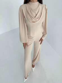 Aloruh Apricot Minimalist Office Commute Outfit Draped Neck Flare Sleeve Women's Shirt + Long Wide Leg Pant2 Piecesce Set - Apricot - View 9