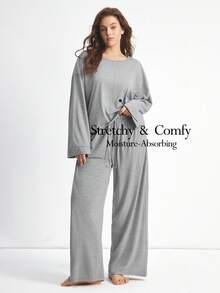 Ocili 女士加大码两件套舒适柔软竹纤维针织圆领长袖上衣和裤子睡衣套装，夏季、秋季、冬季服装 - 灰色 - 查看 1