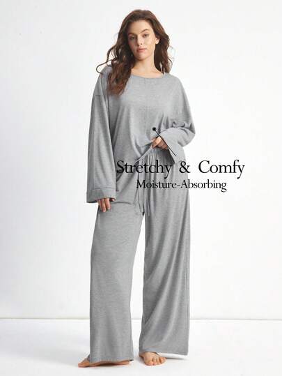 Ocili Women Plus Size 2pcs Comfortable Soft Bamboo Knit Round Neck Long Sleeve Top And Pants Pajama Set, Summer,Fall Winter Clothes