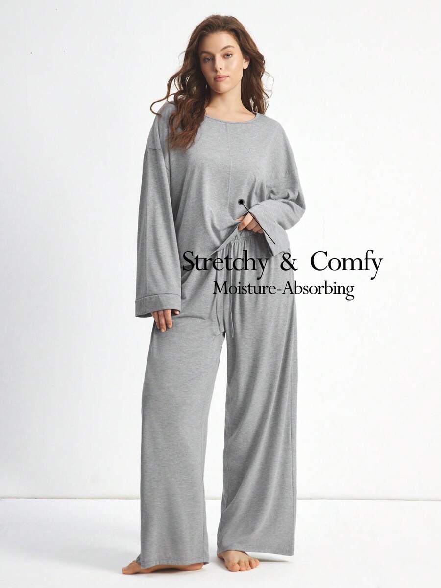 Ocili 女士加大码两件套舒适柔软竹纤维针织圆领长袖上衣和裤子睡衣套装，夏季、秋季、冬季服装 - 灰色 - 查看 1