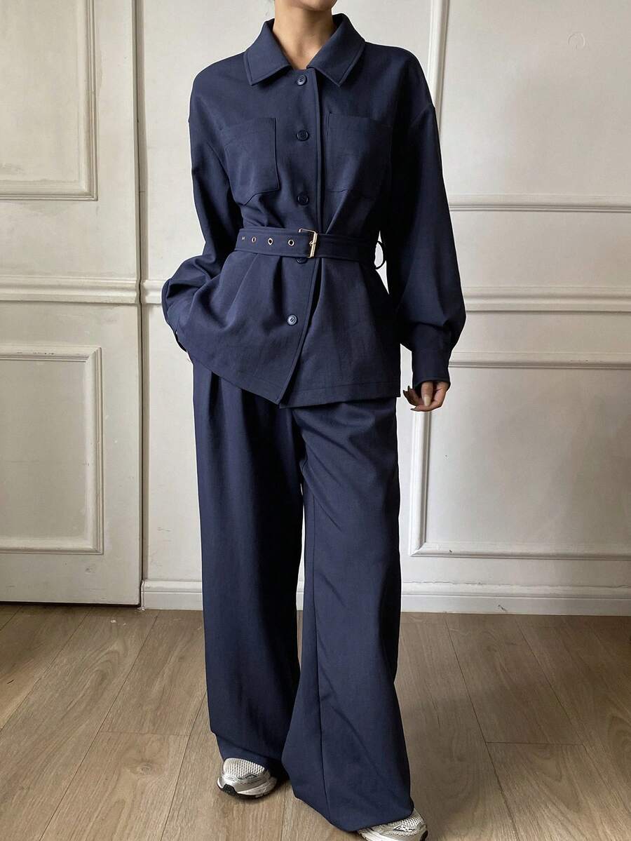 DAZY Bộ đồ mặc nhà mùa Thu/Đông dáng rộng, chất liệu denim giả cổ, màu gốc đã qua xử lý, gồm áo khoác và quần ống thẳng, kèm thắt lưng, dành cho nữ. - Màu xanh lam - Xem 1