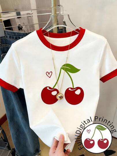Resyla 女士撞色樱桃印花圆领短袖T恤