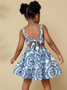 Emery Rose Kids Emery Rose Kids Young Girl Blue Totem Print Detachable Bow Decor Dress, Fashionable Design Suitable For Outdoor Vacation Blue And White Floral Dress Girls Open Back Dress For Kids Twirl Dress Girls Tween Blue And White Dress