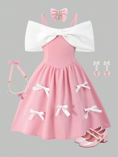 Elladie kids Young Girl's Off-Shoulder Bow Decor Ruffled Short Dress, Elegant Casual Outdoor Wear, Suitable For Spring And Summer