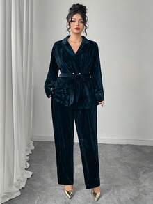 Graceveil Plus Size Solid Color Velvet Long Sleeve Suit Set, Elegant For Commuting Abayas - Navy Blue - View 5