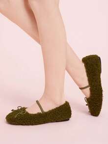 CUCCOO DOLLMOD Women's Casual Versatile Commuting Fuzzy Bow Decor Flats, Autumn/Winter For Christmas - Army Green - View 7