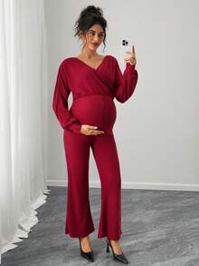 SHEIN 2pcs Maternity Casual Ribbed V-Neck Top & Pants Set - Red - View 5