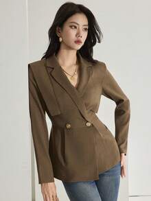 Heiryn Blazer elegante de mujer con cierre de botón de metal para ir al trabajo - Marrón - Ver 6