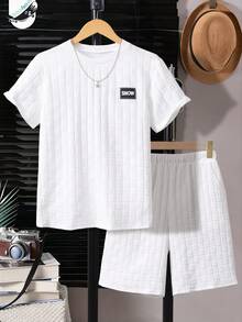 2pcs/Set Teenage Boys' Casual Geometric Textured Fabric Round Neck T-Shirt Set, Suitable For Daily Commute