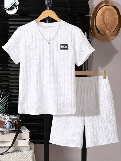 2pcs/Set Teenage Boys' Casual Geometric Textured Fabric Round Neck T-Shirt Set, Suitable For Daily Commute