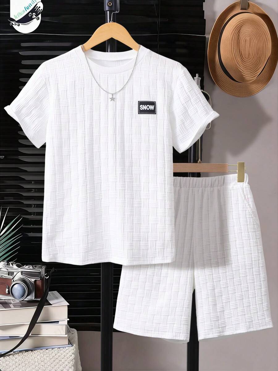 2pcs/Set Teenage Boys' Casual Geometric Textured Fabric Round Neck T-Shirt Set, Suitable For Daily Commute