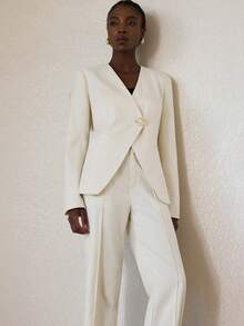 Aveloria Modichic Fashionable & Elegant Casual White Wide-Leg Pants, White V-Neck Suit Set With Metal Button Decor - White - View 3