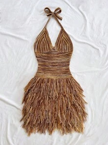 Soleia Women's Vintage Maillard Color Tassel Hem V-Neck Halter Mini Dress, Suitable For Cruise, Holiday, Date, Afternoon Tea, Party, Nightclub, Beach, Island Resort, Road Trip, Hippie, Music Festival, Wedding Season, Boho Vacation Beach Dress, Can Be Worn Inside Or Outside, Suitable For All Seasons Crochet Sets For Women Crochet Skirt Set Earthy Clothes Women Bohemian Brown Two Piece Set Women Western Goddess Outfit Sexy Vacation Dress Fringe Dress Tassel Dress Havana Nights Outfit - Multicolor - View 6