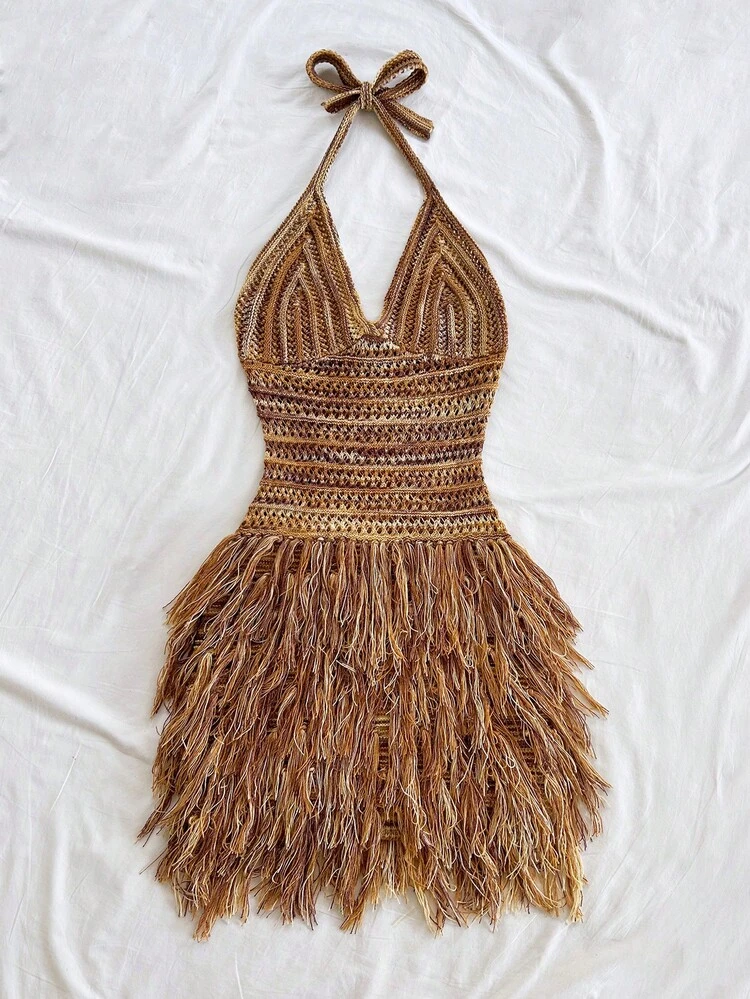 Vestido Curto Vintage Soleia com Decote em V, Alça Halter e Bainha com Franjas, Cor Maillard, Adequado para Cruzeiro, Férias, Encontro, Chá da Tarde, Festa, Balada, Praia, Resort de Ilha, Viagem de Carro, Hippie, Festival de Música, Temporada de Casamento, Vestido de Praia Boho para Férias, Pode Ser Usado por Dentro ou por Fora, Adequado para Todas as Estações - Multicolorido - Visão 6