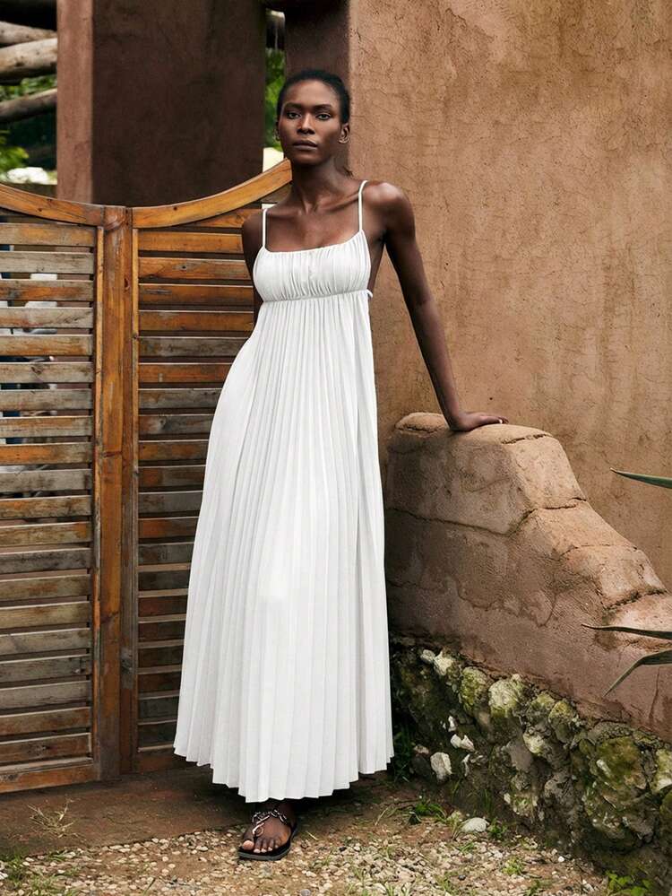 SHEIN Maija Women's White Summer Vacation Dress, Modern Bohemian Solid Color Sleeveless Pleated Beach Dress