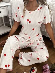 SHEIN 女士睡衣套装，罗纹面料，蝴蝶结装饰，可爱樱桃印花短袖上衣和长裤。 - 白色 - 查看 6