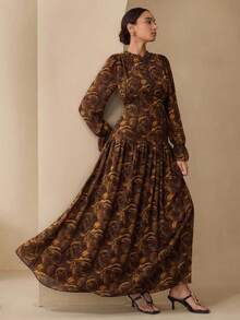 Graceveil Váy ôm họa tiết hoa voan tay bèo nhún dành cho nữ - Cà phê - Xem 6