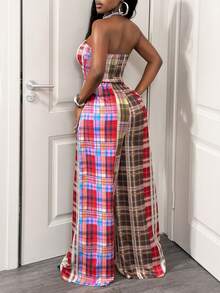 SHEIN BamGlam Quần ống rộng không tay, lưng thun, quần liền thân in họa tiết caro nhiều màu, quần ống rộng, và quần âu, thời trang và gợi cảm - Nhiều màu - Xem 2