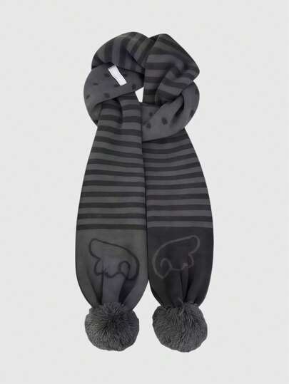 ROMWE Anime 1条灰色Y2K复古条纹波点波普艺术量产翅膀印花毛绒装饰时尚简约女式围巾，适合约会、校园、旅行等场合。