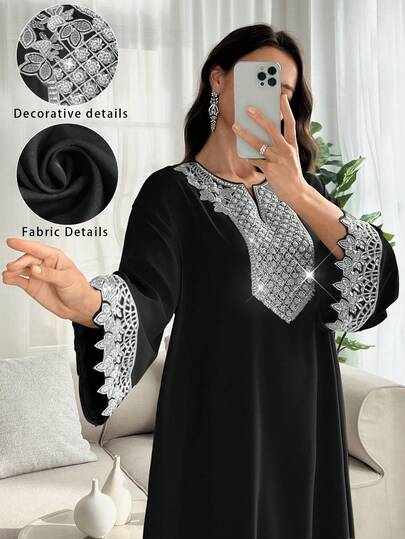 Al Najma Elegant V-Neck Flare Sleeve Beaded Decor Floral Black Dress