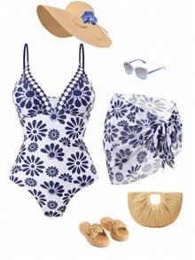 Swim Oasis Bộ đồ bơi một mảnh cổ chữ V dành cho nữ, dây mảnh + chân váy lưới, bộ đồ mặc nhà nghỉ dưỡng thời trang 2 món, xuân/hè/thu/đông - Xanh và trắng - Xem 1