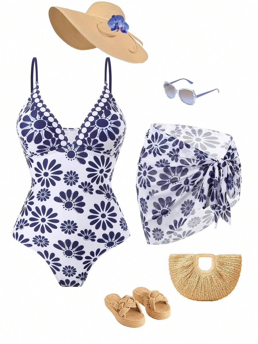 Swim Oasis Bộ đồ bơi một mảnh cổ chữ V dành cho nữ, dây mảnh + chân váy lưới, bộ đồ mặc nhà nghỉ dưỡng thời trang 2 món, xuân/hè/thu/đông - Xanh và trắng - Xem 1