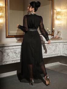 DAZY Đầm dạ hội dài tay cổ chữ V xếp ly, đính sequin, phối nhiều mảnh, dành cho nữ, thích hợp cho mùa xuân/thu, năm mới hoặc lễ hội. - màu đen - Xem 2