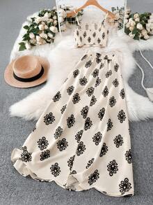 Franclia 女士碎花褶皱吊带背心和半身裙两件套性感露脐上衣套装，春夏波西米亚风连衣裙，法式田园风连衣裙，夏季优雅度假连衣裙 - 杏色 - 查看 2