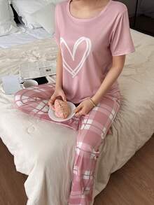 SHEIN 2pcs/Set Heart Plaid Print Pink Casual Sleepwear Shorts & Top Set - Multicolor - View 4