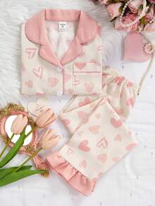 少女粉色甜心皺褶布料居家服套裝，秋季仙女假期睡衣套裝，2件組長袖睡衣居家服套裝 - 彩色 - 查看 10