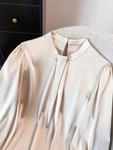 GlowEve CURVE Plus Size Satin High Collar Faux Bow Pleated Long Sleeve Shirt, Elegant For Outings, Commute, Dates, And Gatherings - Apricot - View 5