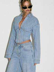 KIZN Cropped Front Zip Denim Jacket With Collar And Long Sleeves For Casual Layering - Dark Grey - View 5