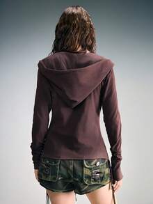 ROMWE Grunge Punk 女士不对称开襟连帽卫衣，做旧设计 - 咖啡棕 - 查看 3