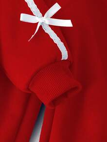 Elladie kids 两件套女童休闲时尚卫衣套装，适合返校、秋冬季节穿着。蓝色纯色针织卫衣，饰有白色蕾丝蝴蝶结、白色缎带袖口和白色立体蝴蝶结。搭配同款针织休闲裤，同样饰有白色缎带和立体蝴蝶结。适合女孩穿着，可爱时尚，适合通勤、日常穿着、上学、外出、聚会等场合。 - 紅色 - 查看 8