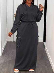 Slaydiva Bộ đồ 2 mảnh màu cam tay dài và chân váy túi hộp size lớn, hàng mới về mùa Thu/Đông, thích hợp cho các lễ hội âm nhạc, lễ Phục Sinh, tiệc sinh nhật, đi nghỉ mát, du lịch biển, tắm nắng. - Màu xám đen - Xem 6