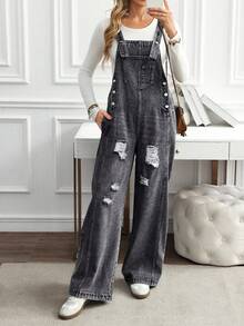 EMERY ROSE Women's Casual Versatile Everyday Wear Distressed Pocket Denim Jumpsuit With Wide Leg - Black - View 1