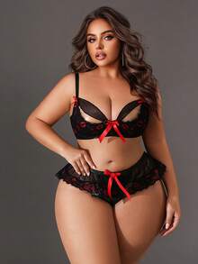 SpicyHot 情人节加大码性感蕾丝镂空唇印网纱上衣+内裤两件套 - 彩色 - 查看 6